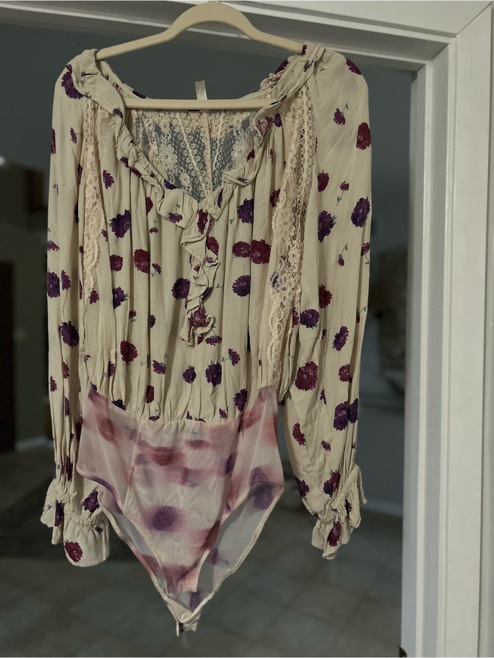 Free People Cream Lace Bodysuit with Purple Floral Accents